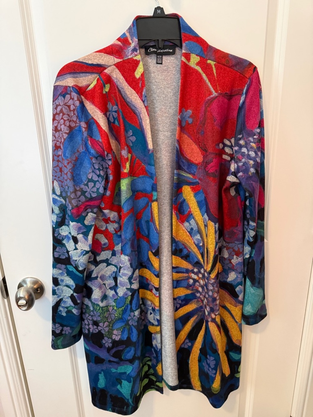 Claire Desjardins Open-Front Floral Coatigan in Blue, Red & Yellow